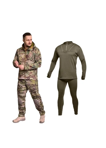 Тактический комплект Куртка Softshell + Штаны нейлон/хлопок с наколенниками Мультикам и Термокостюм Level 2 Ranger