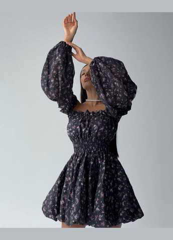 Темно-синя синя літня сукня в квітковому принті з якісного софту з довгим рукавом, вечірня коротка сукня з відкритим декольте No Brand