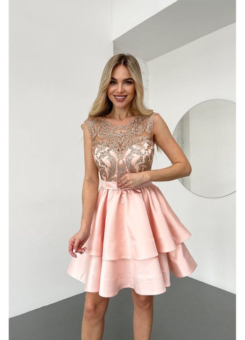 Персикова коктейльна сукня міні гліттер два волана 25019 персикова Tanita-Romario