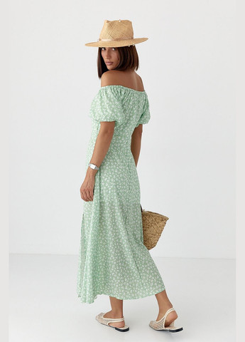 Салатова квіткова сукня з рукавами-ліхтариками Lurex