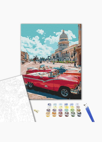 Картина за номерами Ретро вулиця 40х50см Картини за номерами на полотні Червоний автомобіль Пейзаж BS51615 Brushme (308988272)