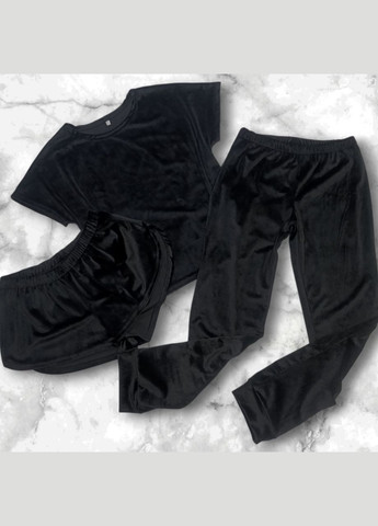 Черная всесезон женская пижама всесезонная велюровая тройка, черная футболка + шорты + брюки No Brand