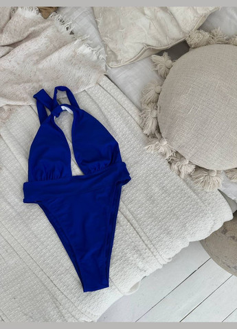Синий летний эффектный купальник с глубоким v-образным вырезом слитный No Brand