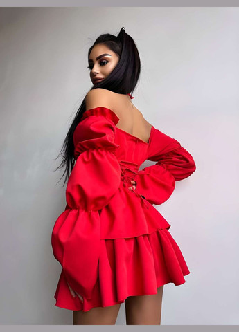 Червона святковий, коктейльна, карнавальний, відвертий, повсякденний, кежуал, вечірня жіноча ошатна коротка малинова сукня міні з рюшами зі шнурівкою і широкими рукавами Україна
