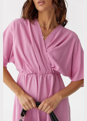 Розовое кэжуал женское платье миди с верхом на запах 2691 Lurex однотонное