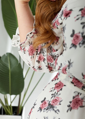 Молочна повсякденний, кежуал шифонова сукня з довгими рукавами кльош, дзвін No Brand з квітковим принтом