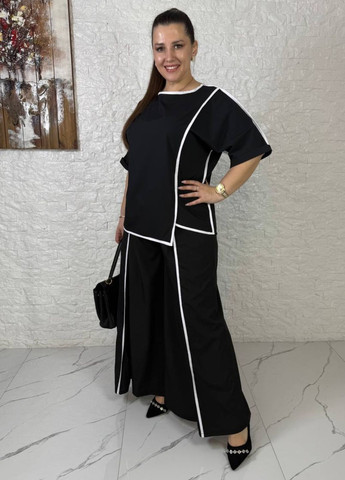 Женский повседневный костюм двойка с кантом: блуза с неровным низом и брюки нахлест Україна (329369671)