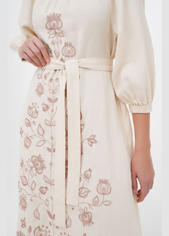 Бежева лляна вишита сукня з поясом з деревом життя краяна, рукав реглан., р., код 0407/42/1128 ГАЛЕРЕЯ ЛЬОНУ