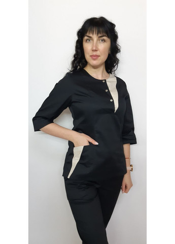 Медицинский женский костюм Грэмми стрейч-коттон три четверти рукав 50, Черный с бежевой отделкой No Brand (361360493)