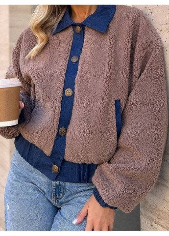 Темно-бежева демісезонна демісезонна жіноча куртка з хутра тедді та джинсу MonCher