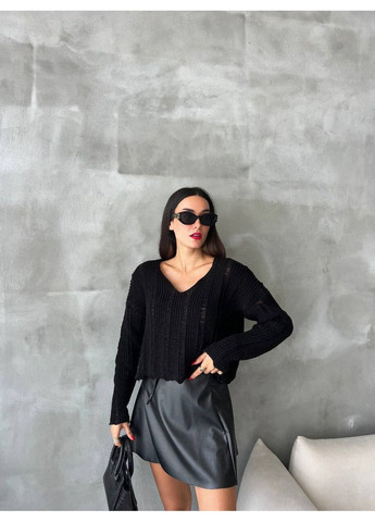 Черный демисезонный 🧶 оверсайз свитер с v-вырезом и фактурной вязкой – трендовая легкость в каждом движении! размерная сетка в описании Vione
