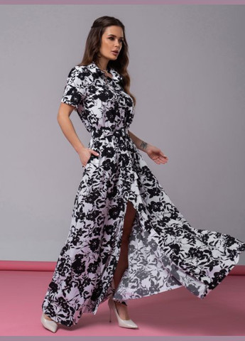 Черно-белое длинное платье-рубашка в цветочек No Brand с цветочным принтом