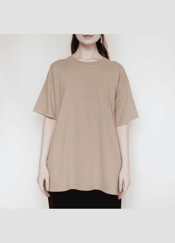 Бежевая оверсайз футболка 100% хлопок длинная спортивный стиль унисекс с круглым вырезом не просвечивает плотная ткань свободная No Brand - (323165091)