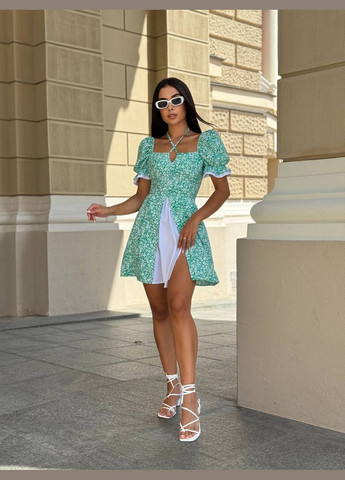 Зелена повсякденний жіноча сукня міні з розрізом у квітковий принт а-силует Україна з квітковим принтом