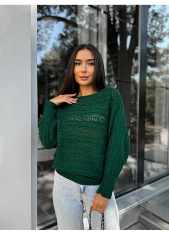 Смарагдовий демісезонний жіночий в’язаний светр з ажурним візерунком джемпер No Brand