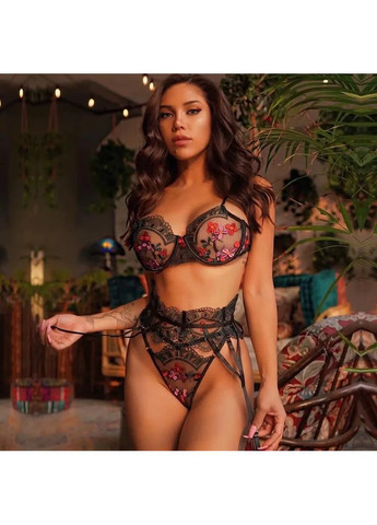 Черный демисезонный кружевной комплект нижнего белья с поясом черного цвета. женское нижнее белье прозрачное из мягкого кружева. China
