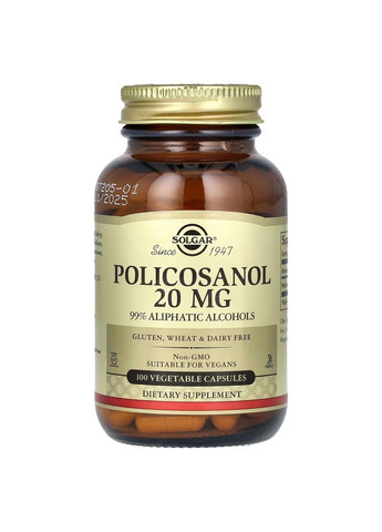 Поликозанол Policosanol 20мг - 100 вег.капсул Solgar (282826839)