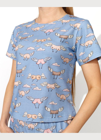 Голубая всесезон пижама женская из кулира футболка и штаны с принтом птитьки Maybel