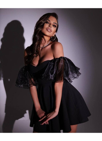 Черное праздничный женское платье мини с пышными рукавами с открытыми плечами MonCher