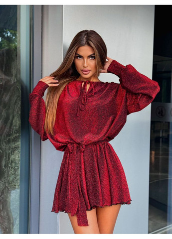 Червона вечірня сукня з люрексу з призборкою по плечах — замір в описі DK/DL Мода без кордонів однотонна