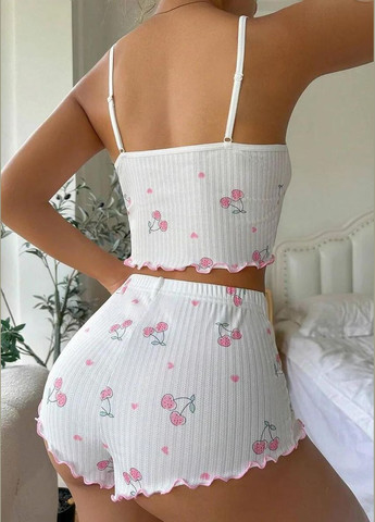 Рожева всесезон жіноча літня піжама в рубчик з принтом вишні короткі шорти та майка на тонких бретелях піжамний комплект з бантиками і вишнями майка + шорти Cindylove