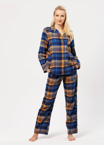 Синя зимня жіноча тепла фланелева піжама сорочка + брюки Key