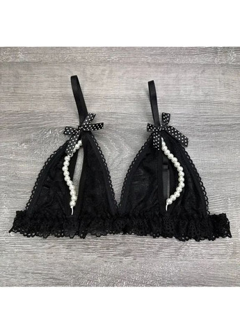 Чорний демісезонний еротичний мереживний комплект білизни з перлинами та відкритим доступом – топ і стрінги No Brand Комплект білизни