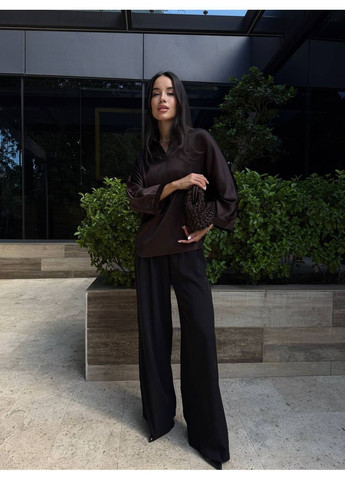 Темно-коричневая повседневный рубашка однотонная No Brand с длинным рукавом