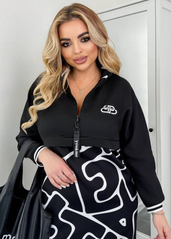 Чорно-білий повсякденний базова повсякденна приталена міді сукня на блискавці з принтом, довгими рукавами та коміром стійкою Україна з написами