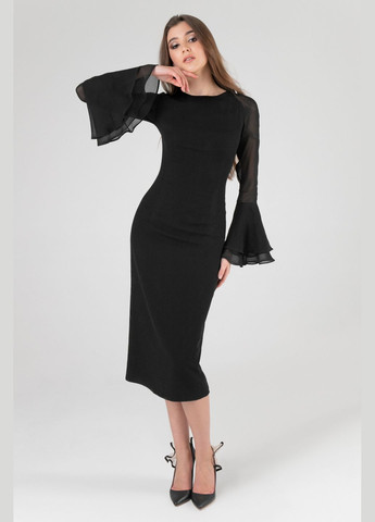 Черное деловое, коктейльное, вечернее элегантное платье-футляр с рукавами-клёш футляр Nai Lu-na by Anastasiia Ivanova однотонное