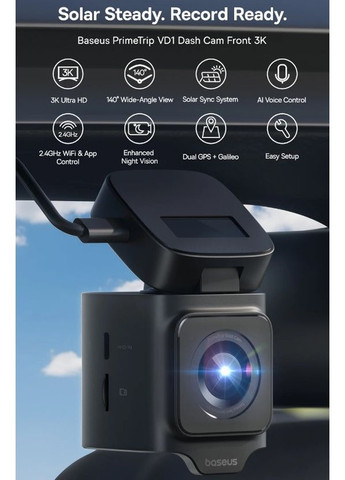 Відеореєстратор PrimeTrip VD1 Dash Cam 3K+1080p Cosmic C01159003K +кабель +камера Baseus (356505546)