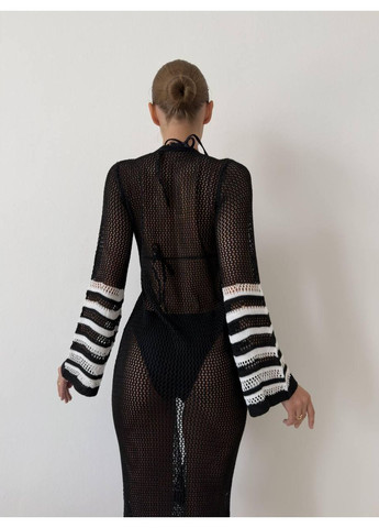 Жіноча чорна в’язана пляжна туніка з розкльошеними рукавами / Жіноча ажурна чорна туніка крючком довга / Жіноча чорна туніка No Brand (369369783)