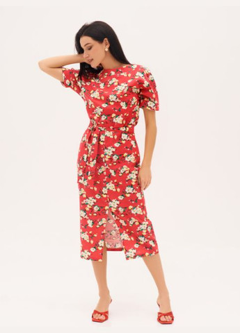 Малиновое коттоновое платье с короткими рукавами No Brand с цветочным принтом