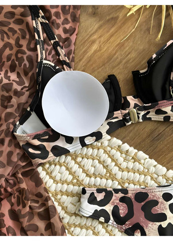 Коричневый летний комплект женский летний яркий леопардовый купальник с шифоновой юбкой. No Brand