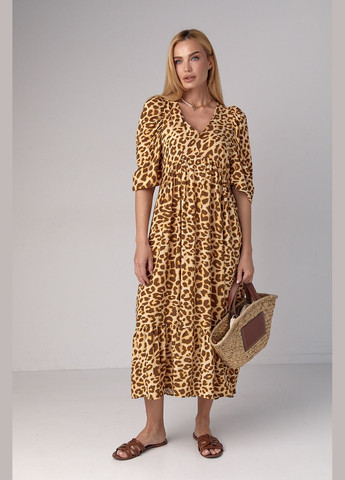 Светло-коричневое повседневный летнее платье миди с леопардовым принтом - светло-коричневый Lurex