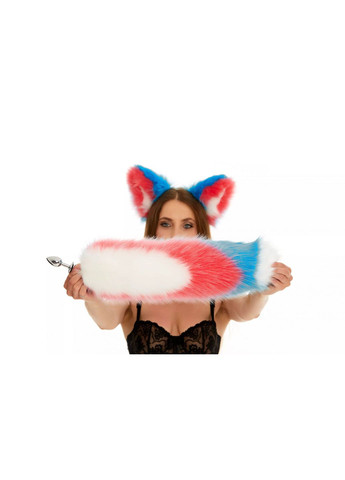 Анальный меховой хвост без пробки, Трехцветный: Белый, ярко-розовый, ярко-голубой с белым кончиком, 50 см. OKOVA (315148878)