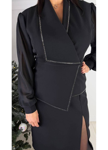 Чорна святковий плаття з креп-костюмки та шифону з термокамінням — заміри в описі силуетна DK/DL Мода без кордонів однотонна