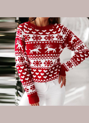 Яскраво-червоний новорічний светр з оленями No Brand