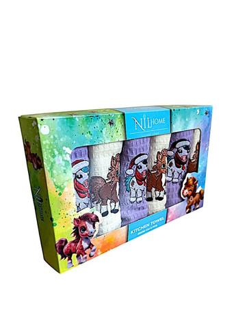 Набор 6 вафельных полотенец Nilteks кухонные 30х50 см New Year's horse разноцветный TC303376101 TURComFor лошадь комбинированный