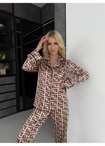 Коричнева жіноча піжама сорочка та штани No Brand