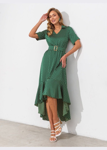 Зеленое зелёное в горошек платье с удлинённой спинкой и поясом Dressa