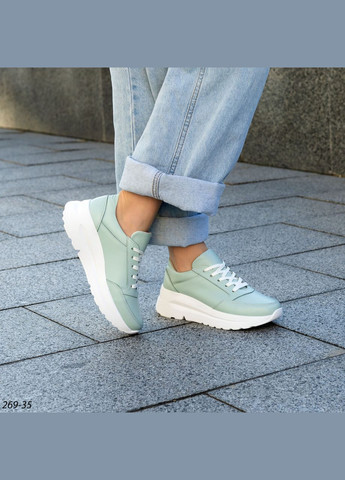 Комбинированные женские кожаные кроссовки бирюзового цвета No Brand