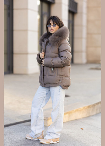 Коричневая зимняя зимняя женская короткая куртка с натуральным мехом песца 52652 Visdeer