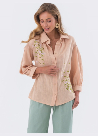 Персиковая льняная блузка персикового цвета с вышивкой Dressa