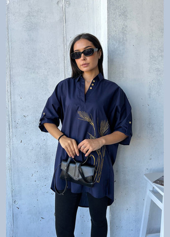 Тёмно-синяя изысканная блуза-туника с дизайнерской вышивкой в виде колоски INNOE узор украинская символика свободная хлопок (299767033)