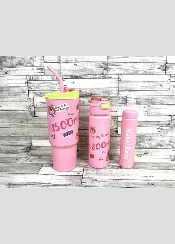 Велика кружка з ручкою та трубочкою + спортивна пляшка з трубочкою + пляшка з кришкою набір 3 в 1 рожеве з написами No Brand 3919 (314497206)