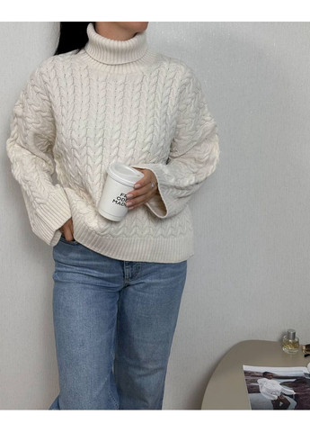 Молочний демісезонний в’язаний светр з високим коміром і текстурою «косичка» — туреччина, розмір 42-46 (заміри в описі) GD/GL Модний простір