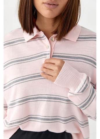 Пудровий демісезонний в'язаний смугастий светр-поло - пудра колір Lurex