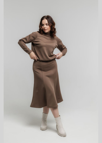 Темно-бежевая офисная, повседневная, кэжуал однотонная теплая юбка в рубчик No Brand годе, а-силуэта (трапеция)