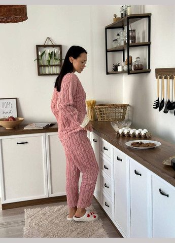 Пудровая всесезон уютная махровая пижама кофта + брюки No Brand